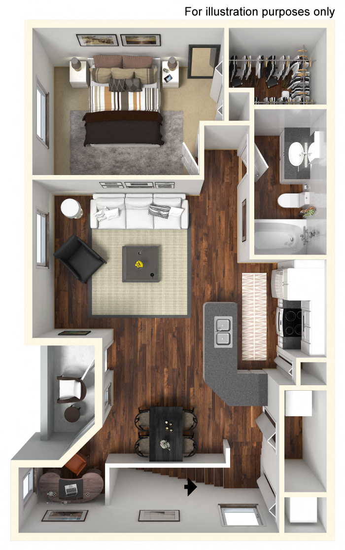 Floor plan for 1 bed, 1 bath, 892 sqft